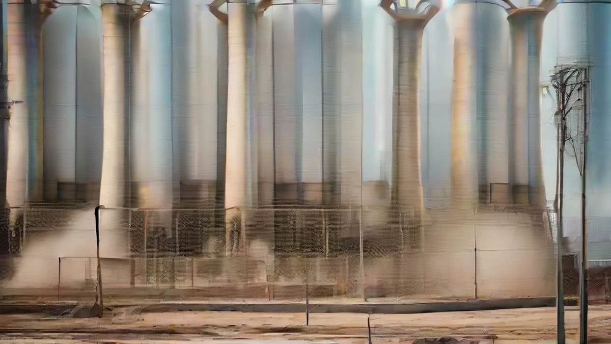 Large thermal power plant with cooling towers and steam under a blue sky.