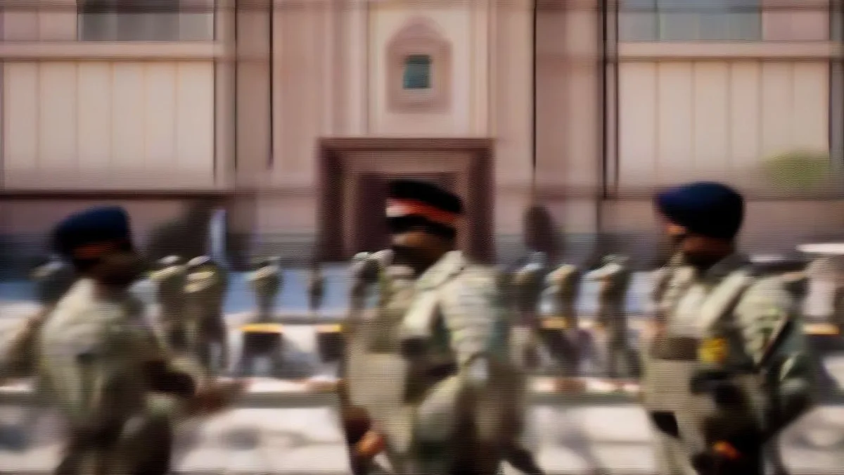 Police personnel deployed outside a government building in Ahmedabad during security checks