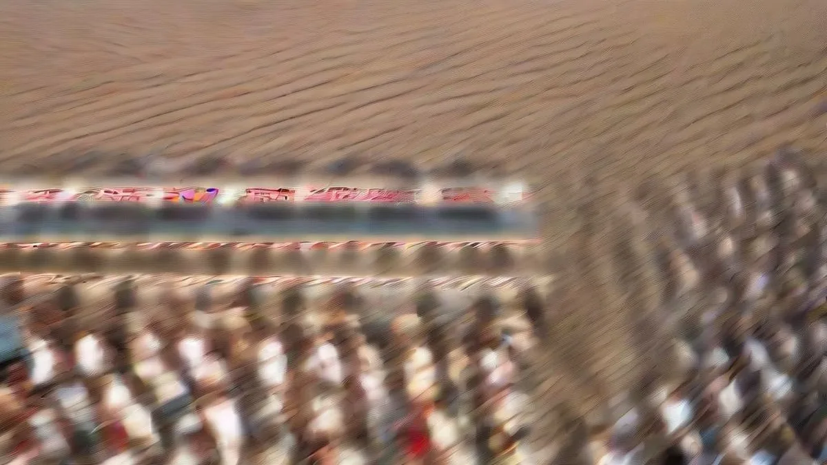 Crowd gathered at a political rally in Uttar Pradesh listening to an address.