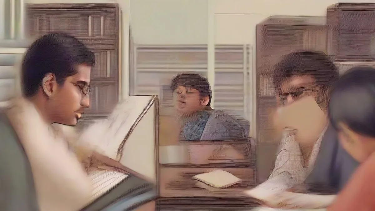 Students studying textbooks in a library for AP Inter board examinations