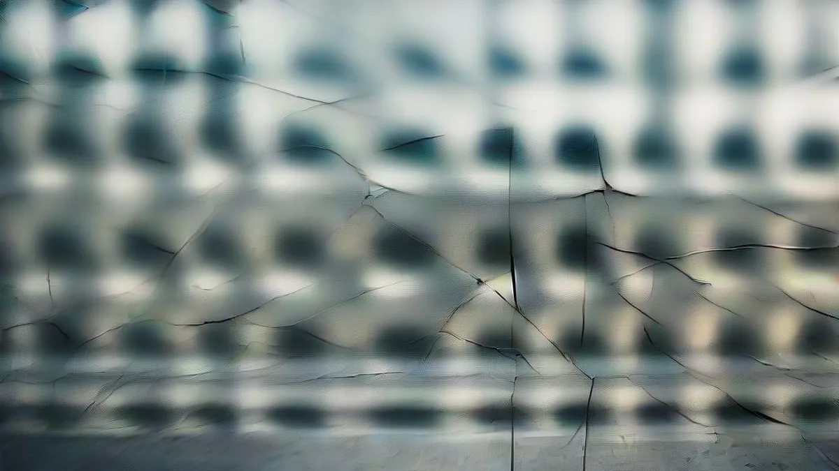 Shattered glass storefront following protests in a French urban center.