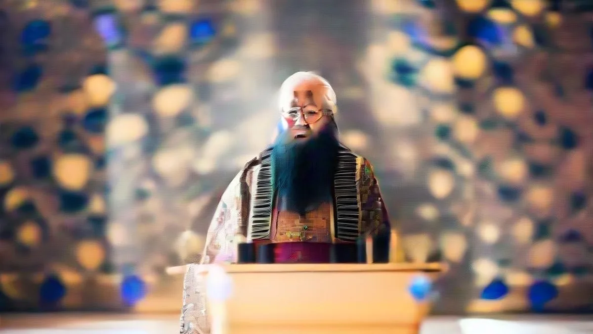 Brahmavihari Swami speaking at a podium during an international event.