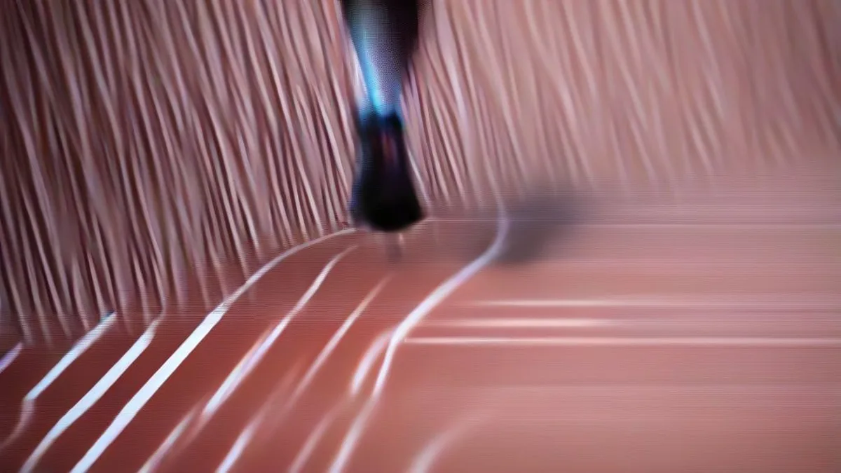 A female candidate participating in a physical endurance running test on an outdoor sports track.