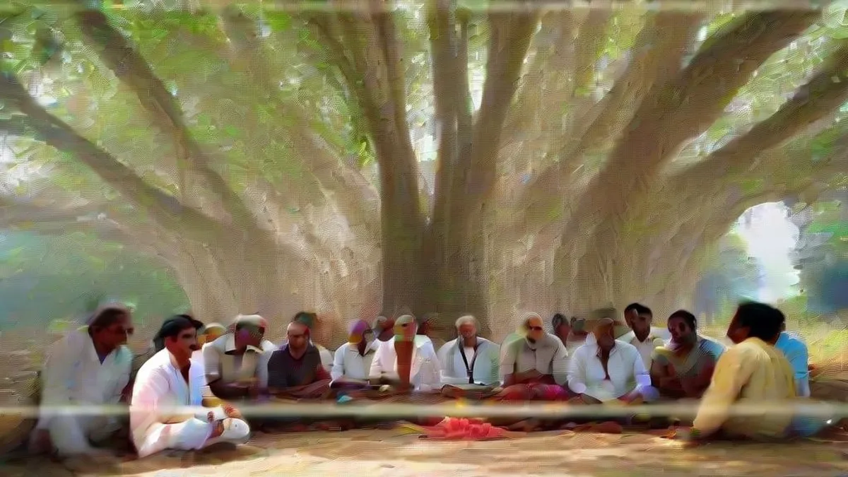 Village panchayat meeting outdoors discussing rural development plans