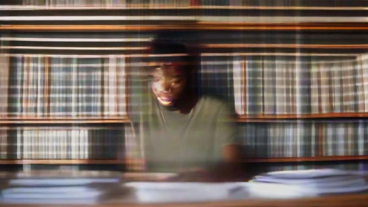 A university student studying intently at a library desk for competitive exams.