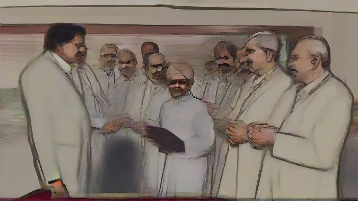 Indian political leaders conferring during a meeting in a legislative building.