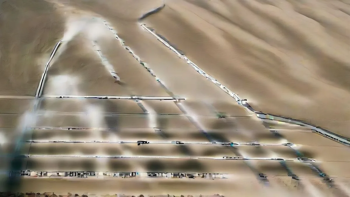 A security vehicle parked near industrial oil facilities in a desert landscape under hazy daylight.