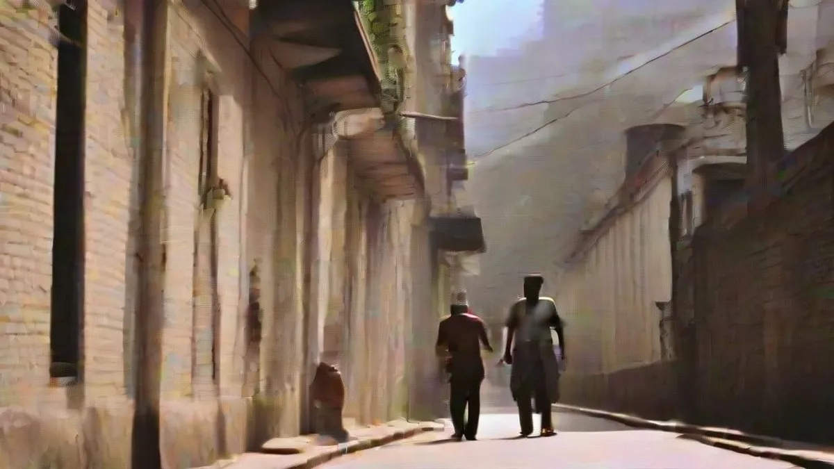 Historic narrow street in old Mumbai under dramatic sunlight