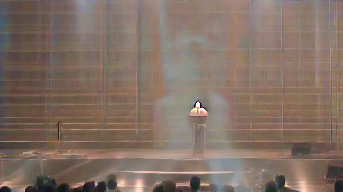 A technology researcher speaking on stage at a global conference.