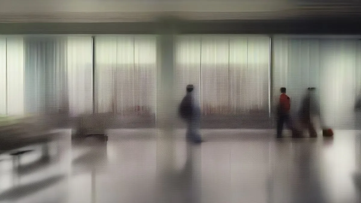 Busy international airport arrival terminal with travelers and luggage.