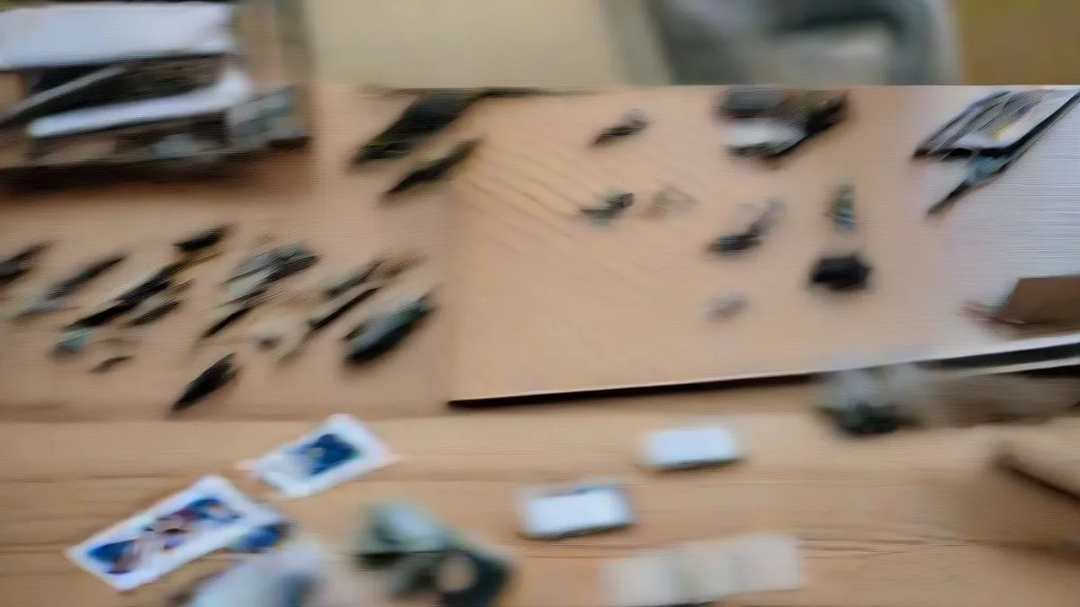 Police officers examining seized stolen items and electronics during an investigation.