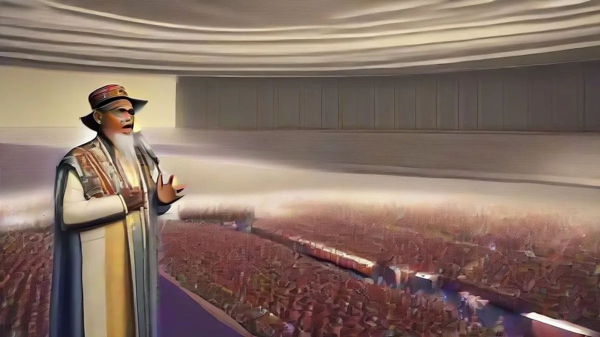 Spiritual leader speaking on stage at a global summit regarding artificial intelligence.