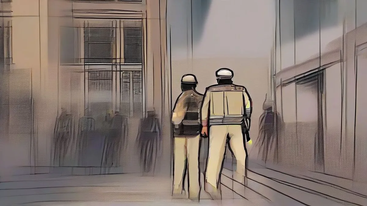 Police officers on duty in an old city street at night during a patrol.