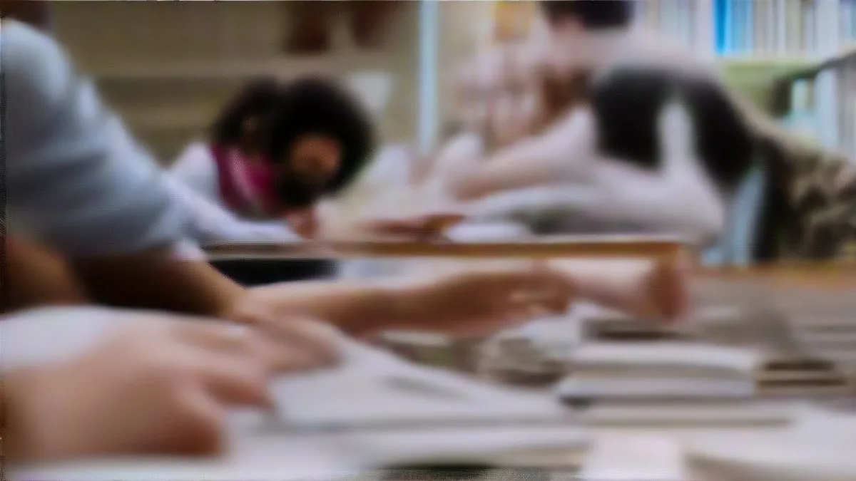 Students studying textbooks inside a bright school library