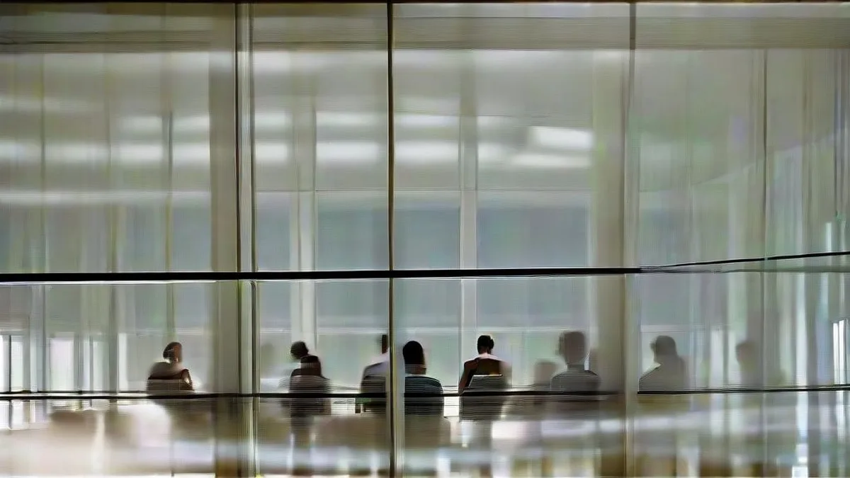 Students and faculty inside a modern business school campus building.