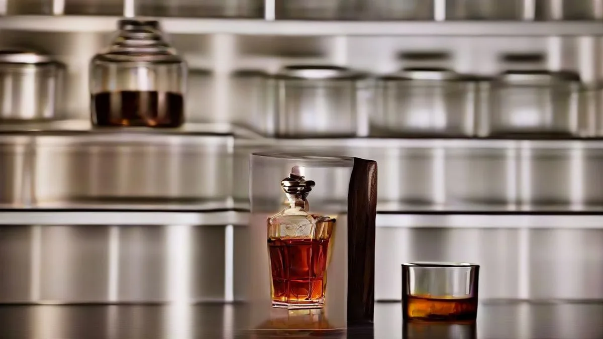Bartender pouring amber Scotch whisky into a glass at an upscale bar