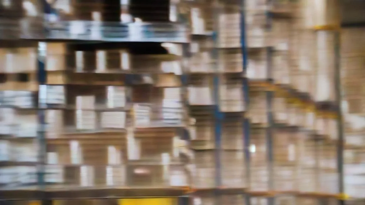A grey-collar logistics worker using digital technology in a modern warehouse.
