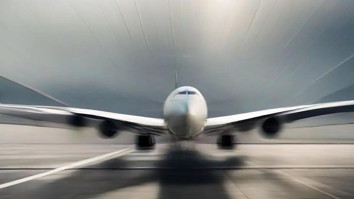 Commercial aircraft on the tarmac of a modern airport terminal.