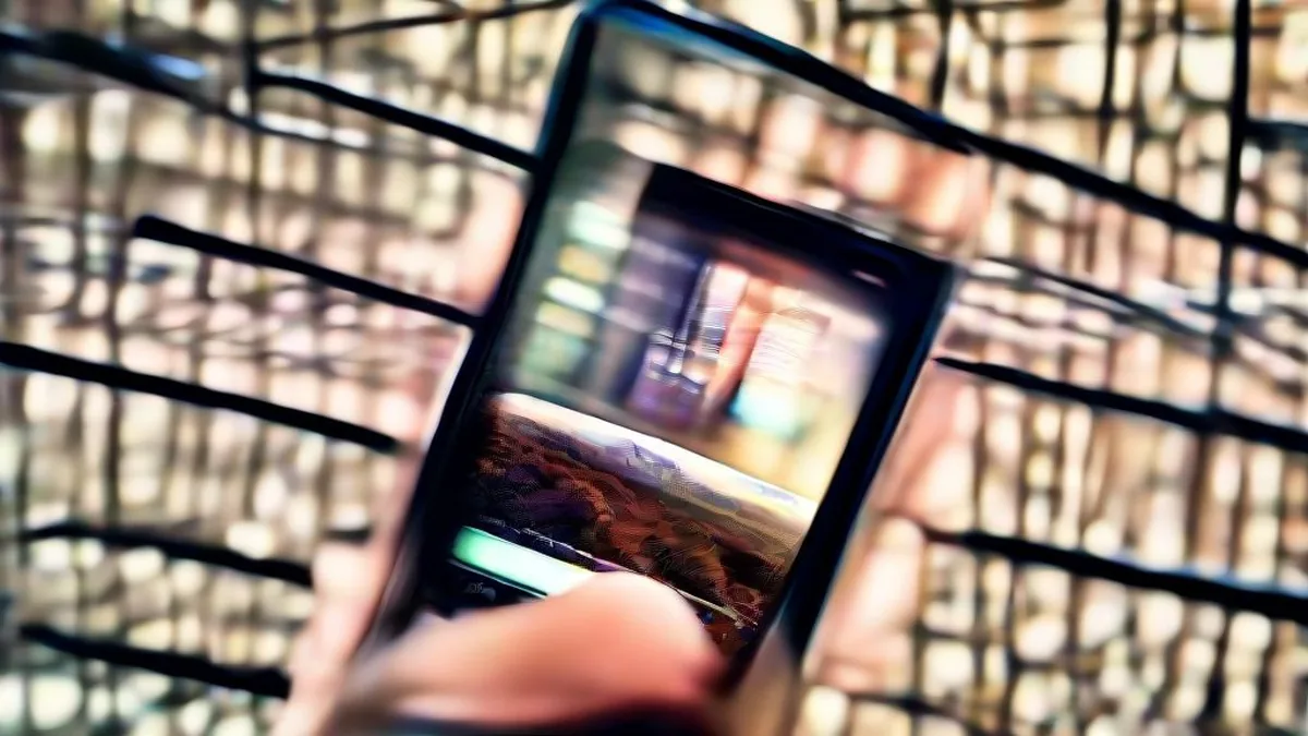 A smartphone displaying a social media application against a blurred urban background.