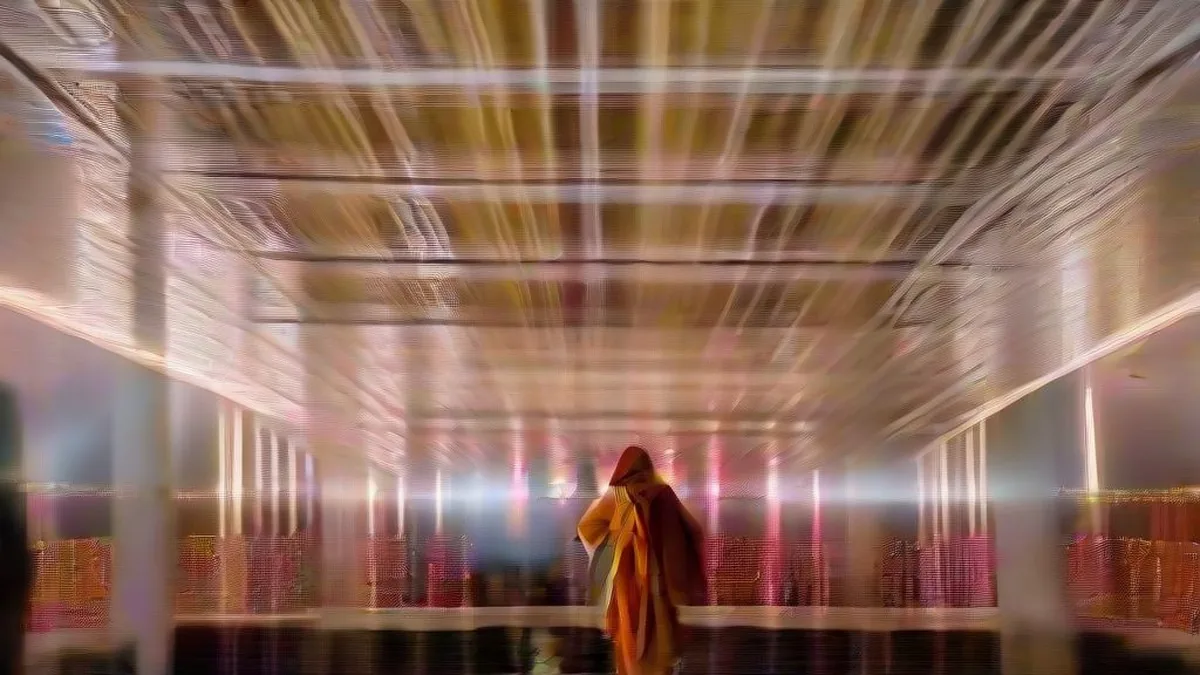 Crowd of people celebrating Durga Puja inside a brightly lit community pandal in Delhi.