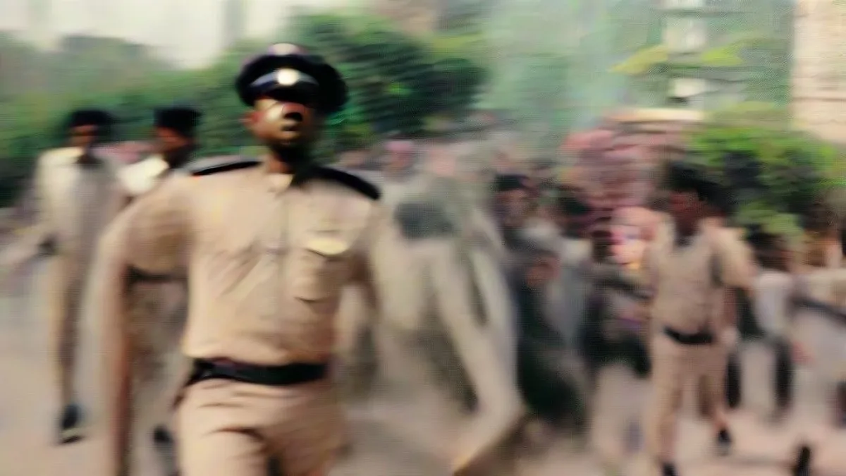 Kolkata police personnel escorting suspects through a residential lane.
