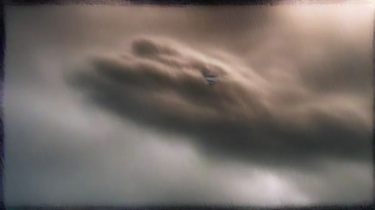 Commercial airplane flying through stormy skies
