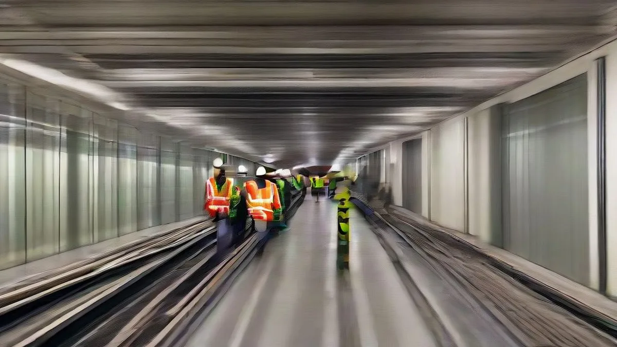 Engineers inspecting metro construction site tracks
