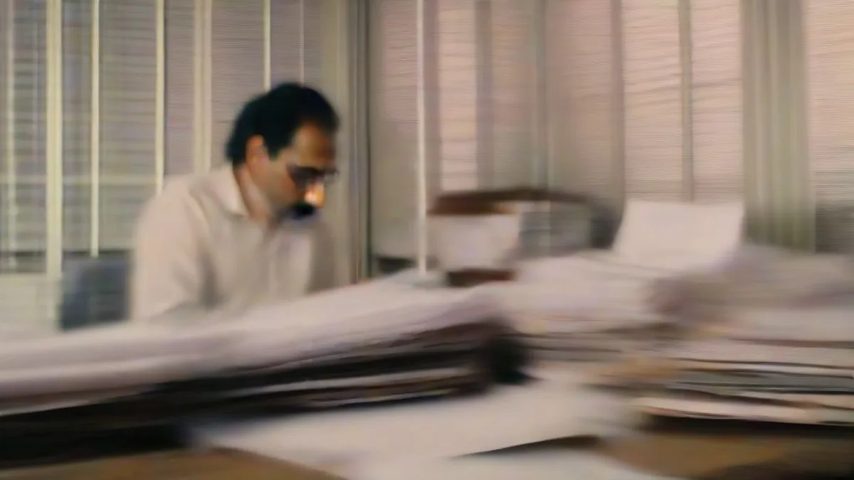 A businessman reviewing financial documents at an office desk