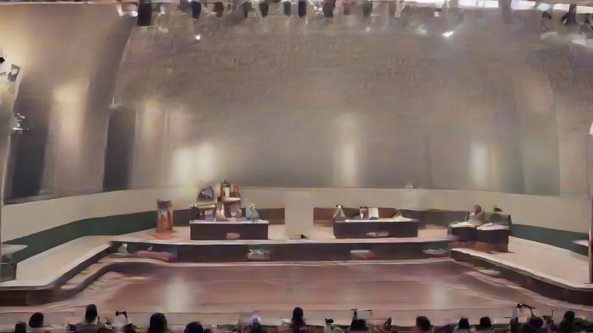 A crowded press conference hall with media personnel covering a political event in India.
