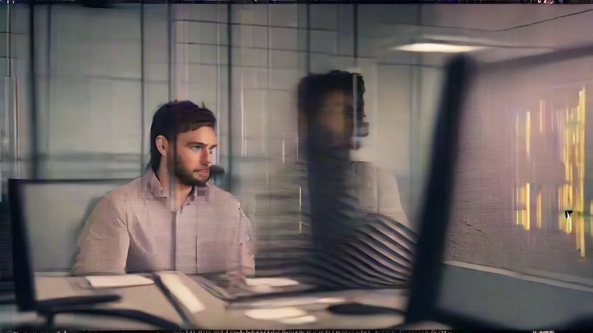 A software engineer looking stressed while working late at a computer in an office.