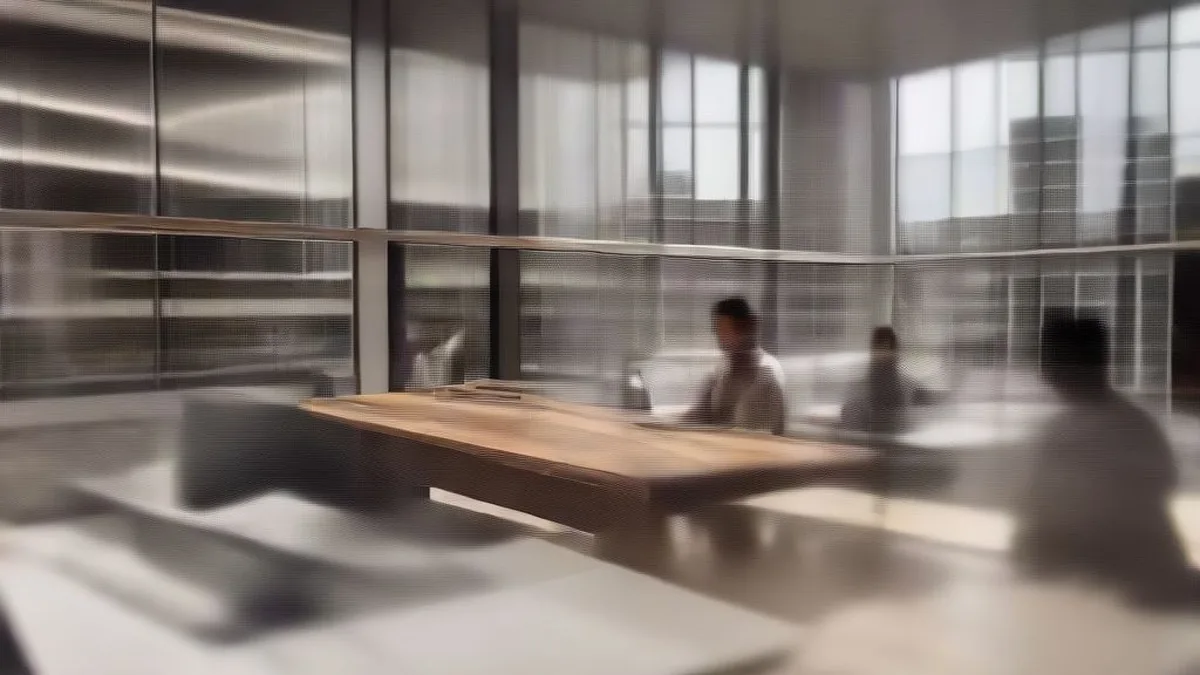 Modern corporate office interior with professionals working at desks