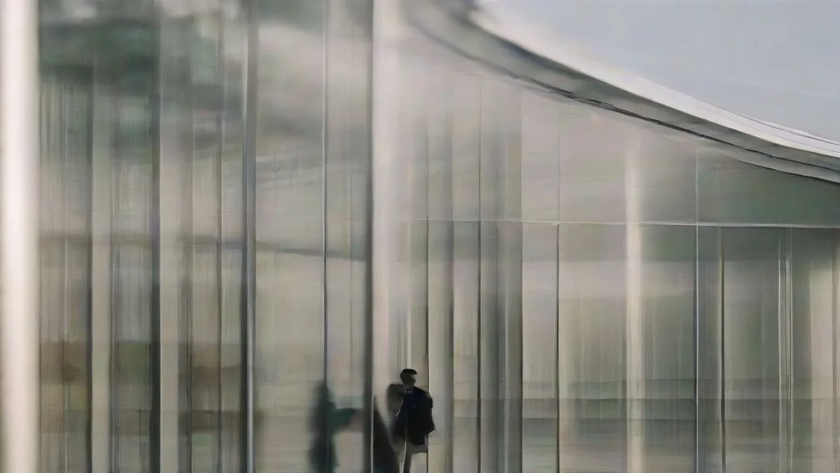Exterior view of a modern international airport terminal with glass facade and travelers.
