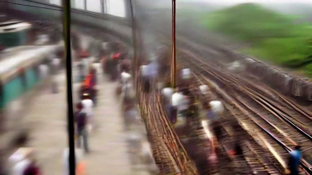 Commuters walking on Mumbai local train tracks after services were disrupted by a fire and technical failure.