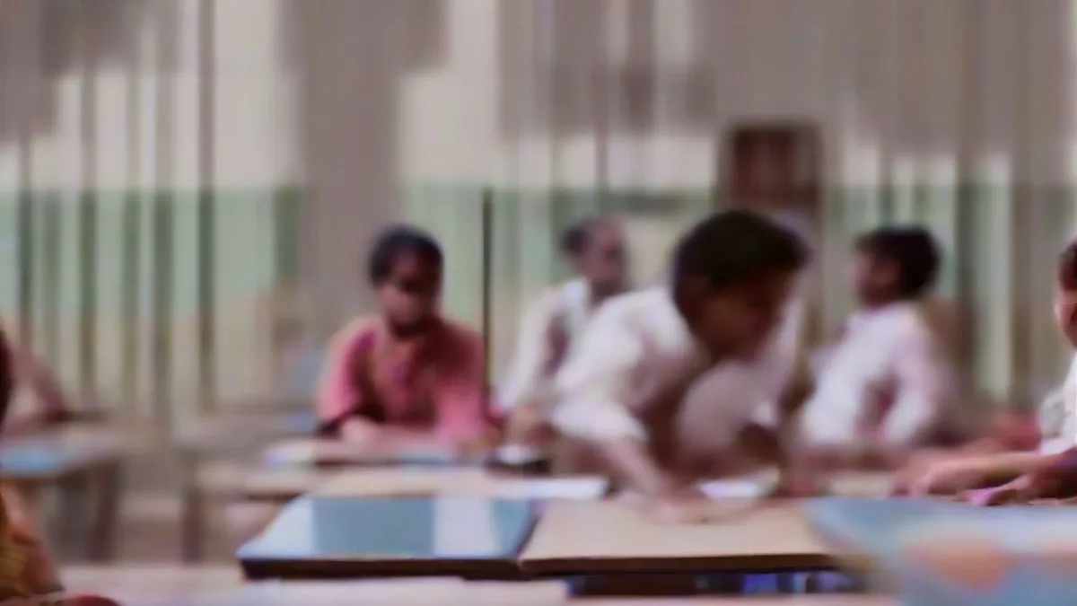 A teacher interacting with students in a bright classroom setting representing inclusive education.