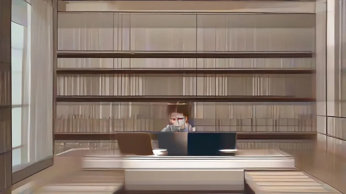 A student studying on a laptop at a library desk preparing for entrance examinations.