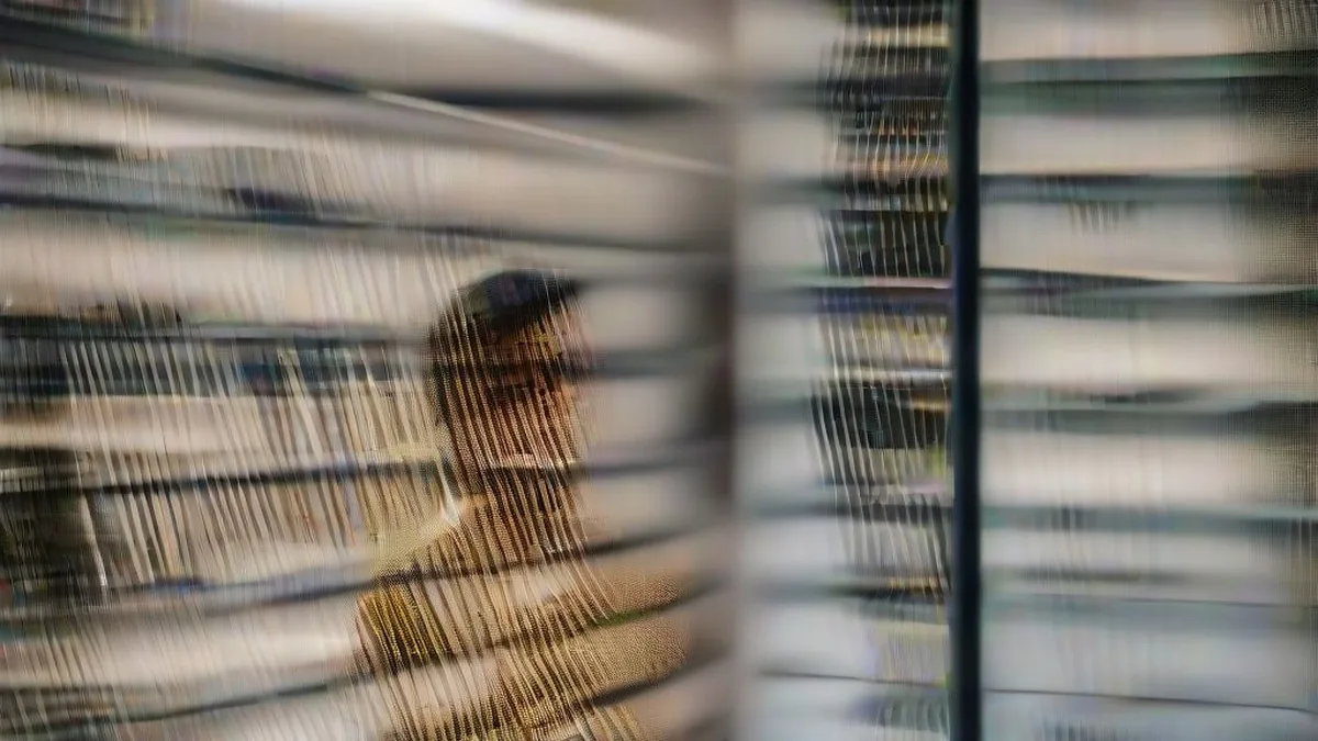 Student looking at an online exam schedule on a laptop in a library.