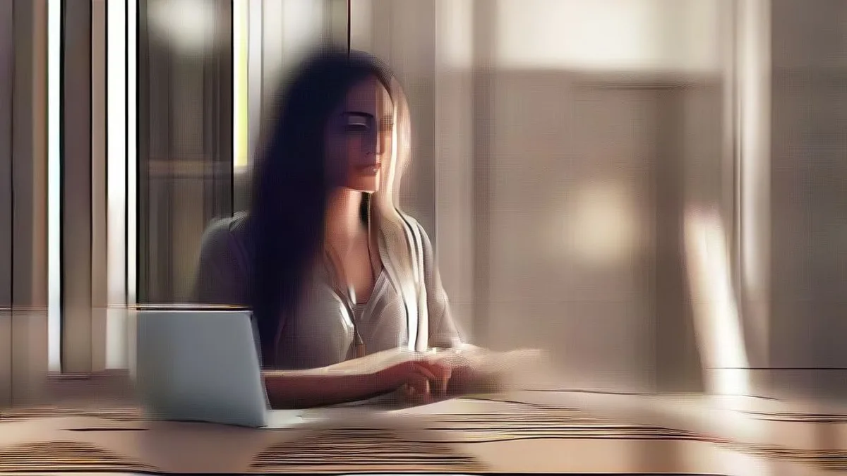 A young South Asian woman working on a laptop in a sunlit cafe.