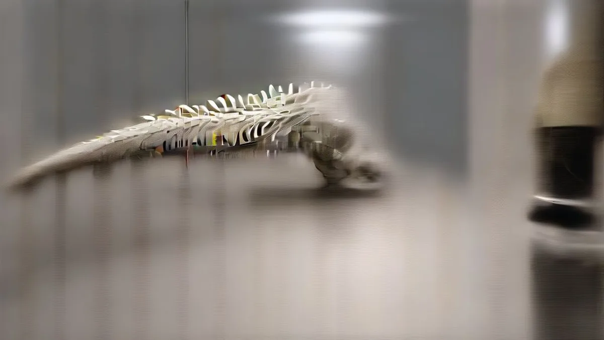 Mounted Nanotyrannus dinosaur skeleton displayed inside a high-end auction exhibition room.