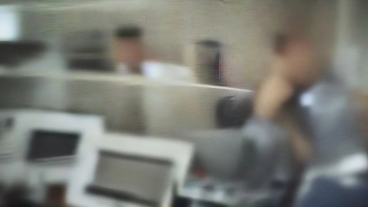 A financial analyst reviewing market data on computer screens in a corporate office.