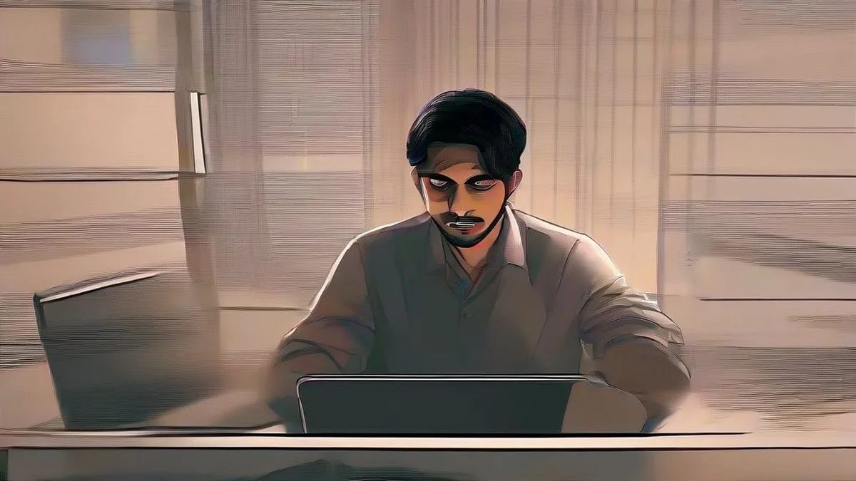 A stressed professional reviewing financial documents at an office desk