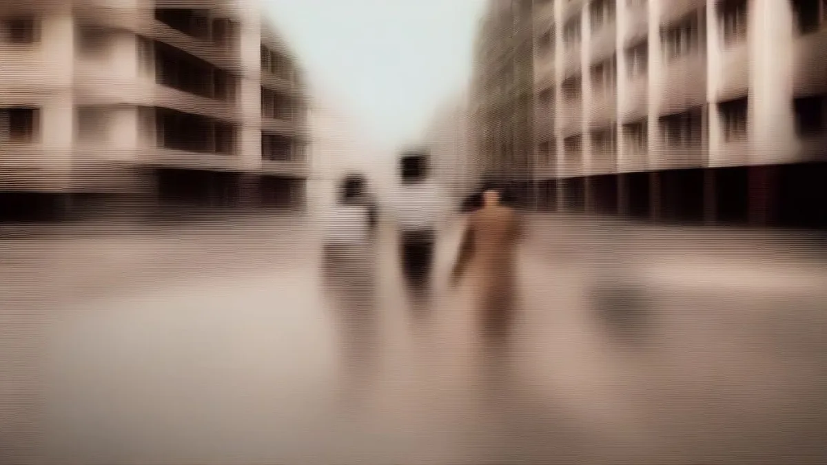Pedestrians walking on a hazy, sun-drenched urban street during extreme heat conditions.