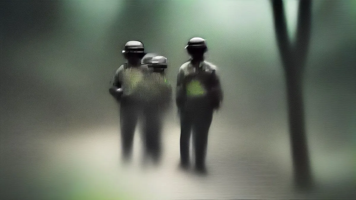 Indian police officers conducting a search operation near a forest area after a jailbreak in Tamil Nadu.