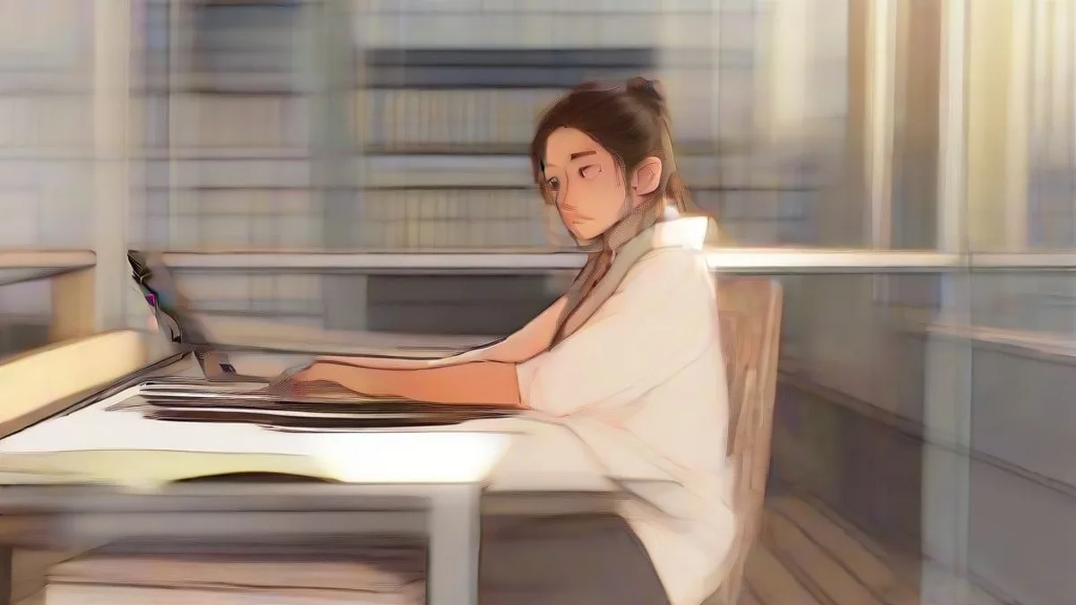 A university student using a laptop in a library to complete exam registration
