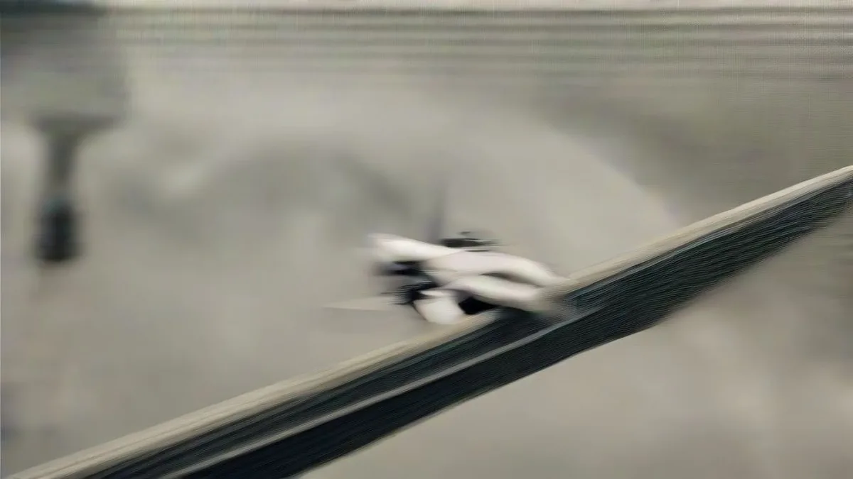 A heavy-lift drone operating over a war-damaged landscape
