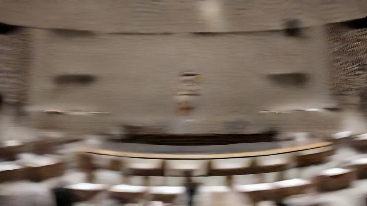 The interior of the United Nations General Assembly hall with delegates seated at their desks.
